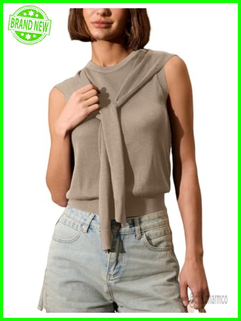 Sleeveless Knit Tank Top 2-In-1 Attached Shoulder Wrap Crew Neck